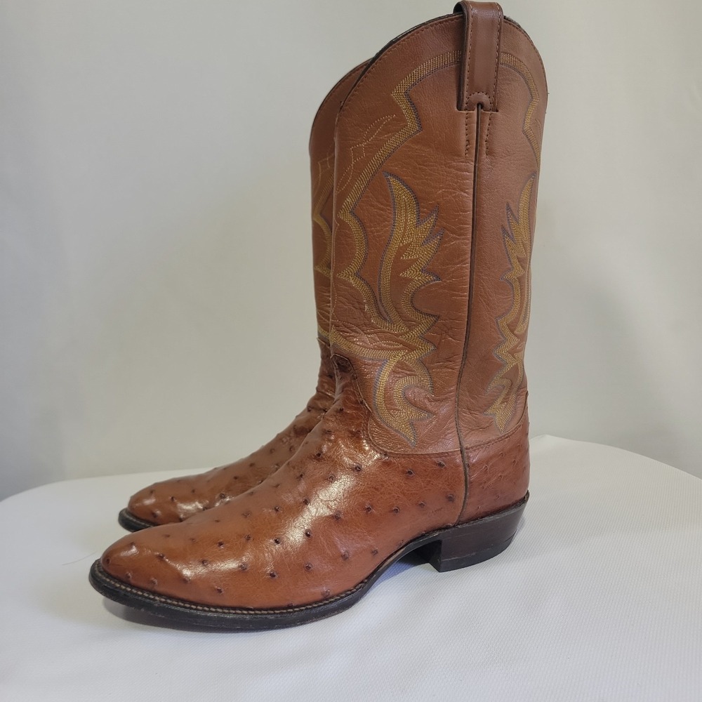 VTG Justin Cowboy Boots Mens 9.5 EE Cognac Full Quill Ostrich Western 8925 Rodeo
